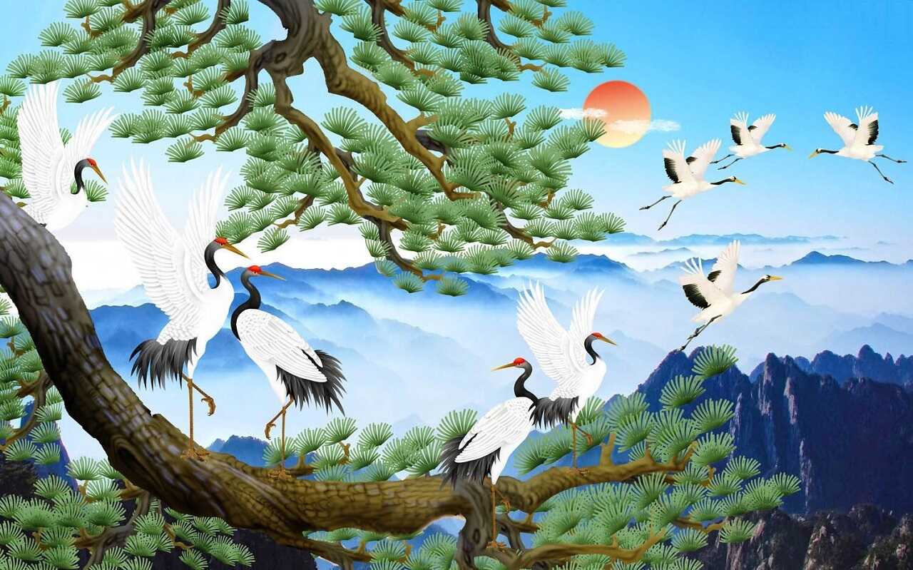 Tranh dán tường 3D phong thủy pt20, với hình ảnh cây tùng và những chim hạc là biểu tượng của sự may mắn, phát tài trong công việc